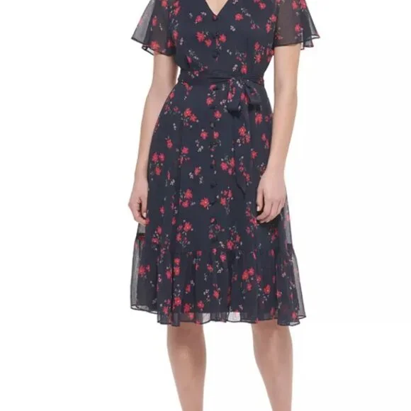 Calvin Klein Navy Floral V-Neck Chiffon Midi Dress – Size 12 - Picture 2 of 9